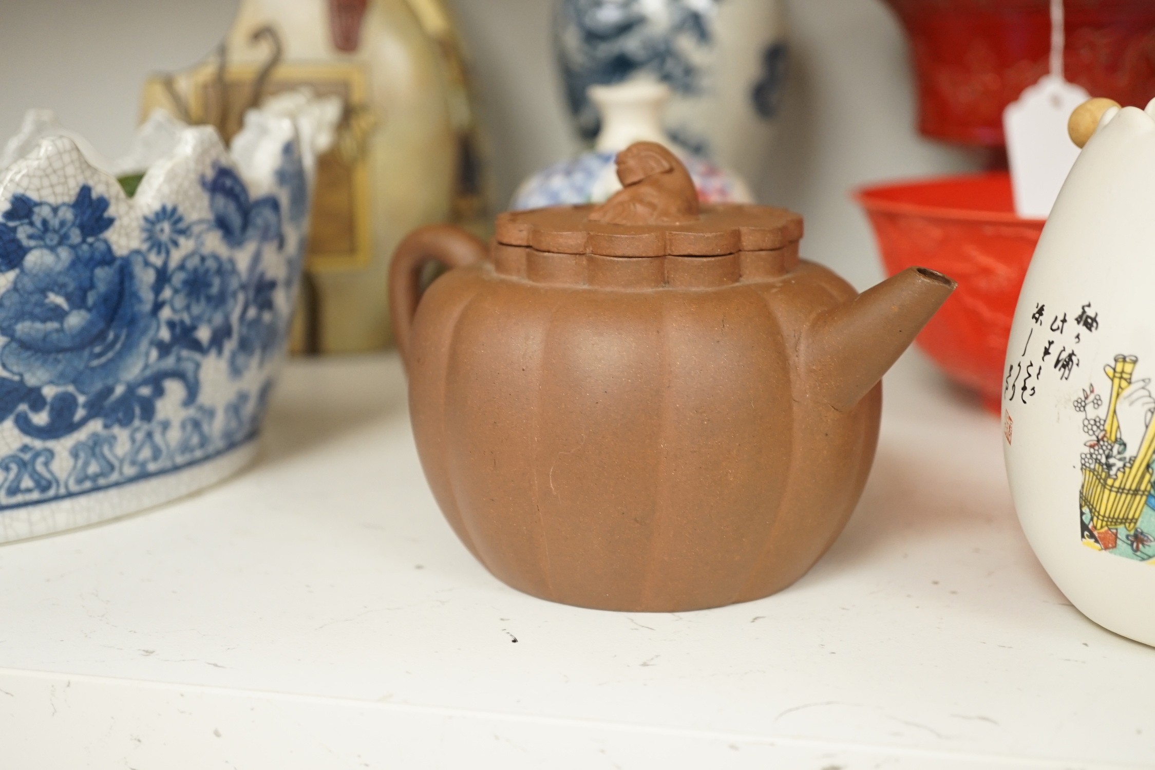 A Chinese blue and white dragon crackle glaze vase, together with a group of Chinese and Oriental ceramics. Tallest 23cm